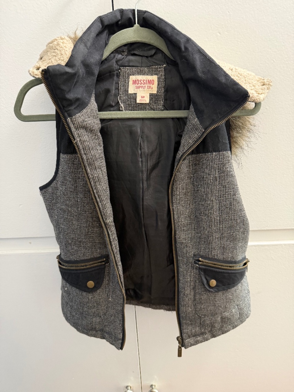 Mossimo Black and Tweed Textured Vest with Faux Fur Line Hood